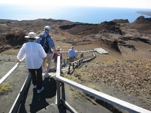 Descending the hill on Bartholomew Island through the barren landscape